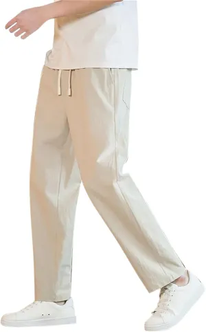 Linen Pants Men Tapered Leg Elastic Drawstring Waist Lounge Beach Pants Summer Casual Straight Leg Dress Trousers