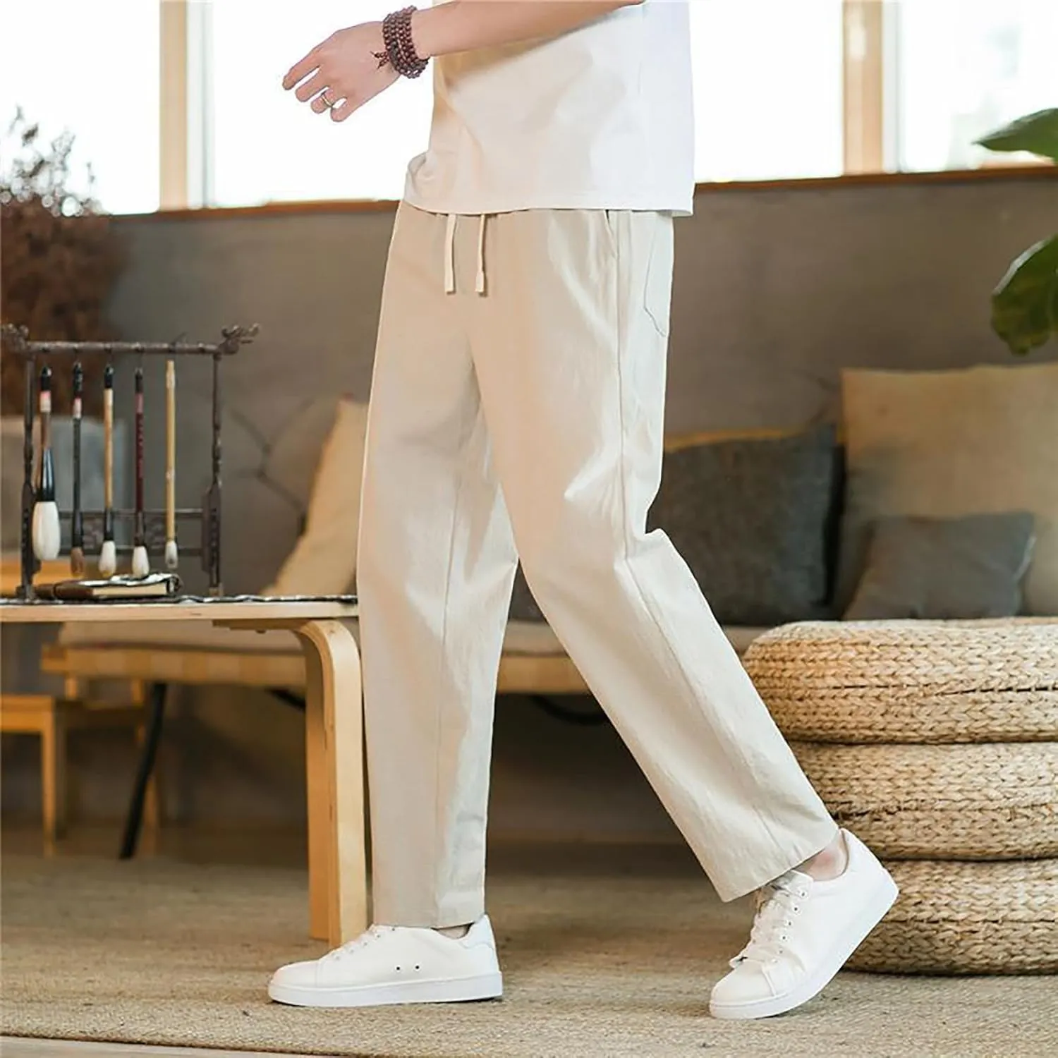 Linen Pants Men Tapered Leg Elastic Drawstring Waist Lounge Beach Pants Summer Casual Straight Leg Dress Trousers