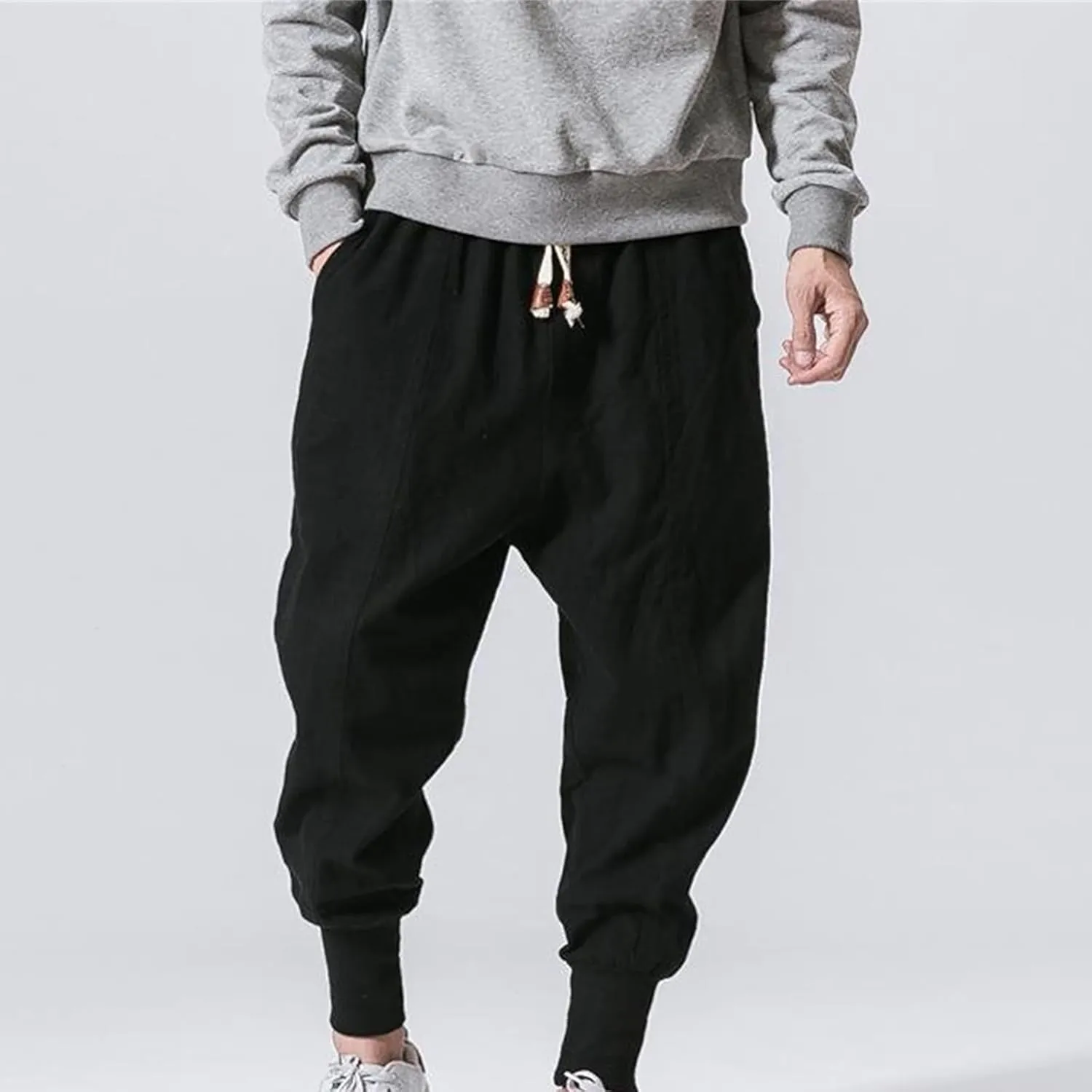 Linen Pants Men Tapered Leg Summer Elastic Waist Drawstring Hip Hop Harem Athletic Pants for Workout Jogging Running