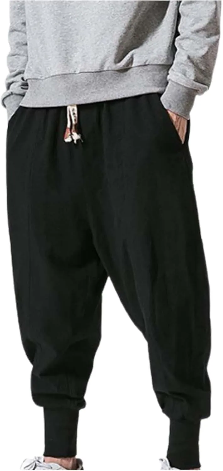Linen Pants Men Tapered Leg Summer Elastic Waist Drawstring Hip Hop Harem Athletic Pants for Workout Jogging Running