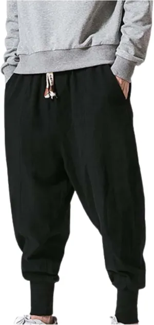 Linen Pants Men Tapered Leg Summer Elastic Waist Drawstring Hip Hop Harem Athletic Pants for Workout Jogging Running