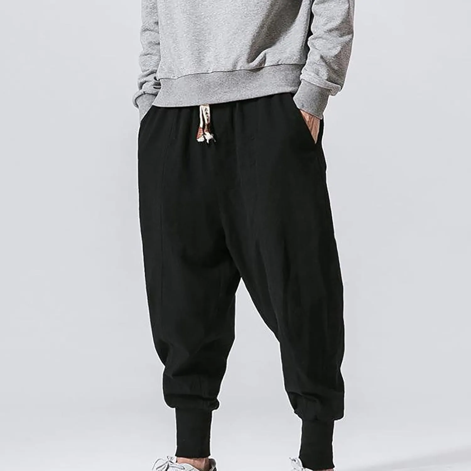 Linen Pants Men Tapered Leg Summer Elastic Waist Drawstring Hip Hop Harem Athletic Pants for Workout Jogging Running