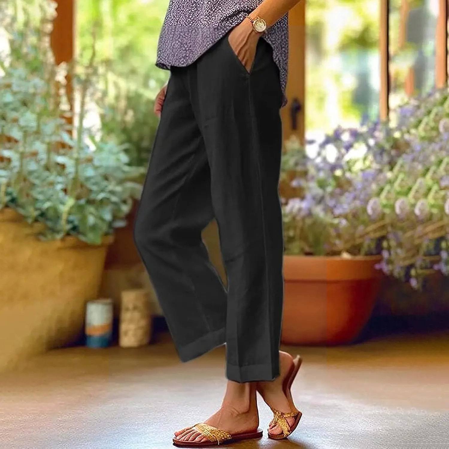 Linen Pants Straight Solid Elastic Pants Long Drawstring Linen Women Waist Cotton 2025 Beach Travel Vacation Outfits