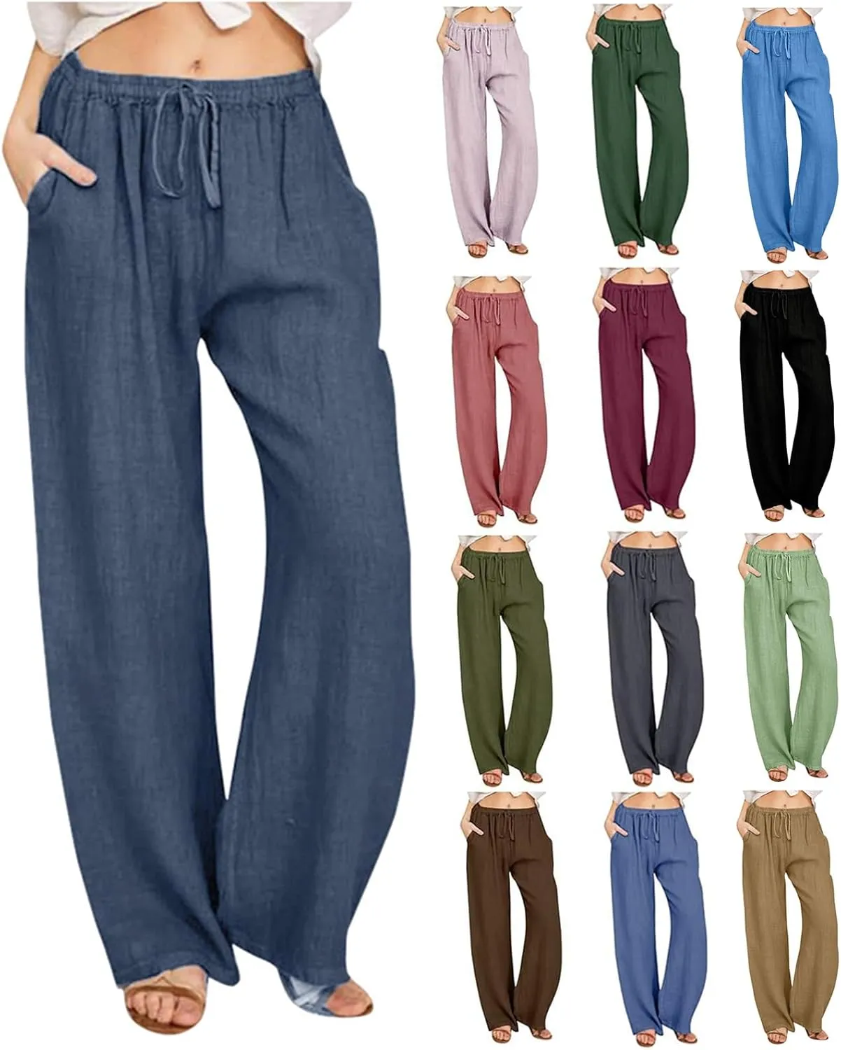 Linen Pants Women 2025 Summer Drawstring High Waist Wide Leg Trousers with Pockets Flowy Straight Vacation Outfits