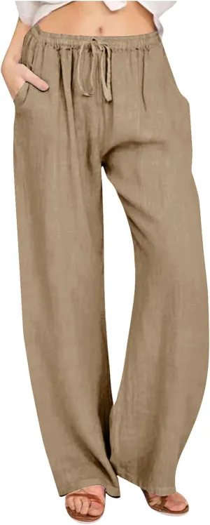 Linen Pants Women 2025 Summer Drawstring High Waist Wide Leg Trousers with Pockets Flowy Straight Vacation Outfits