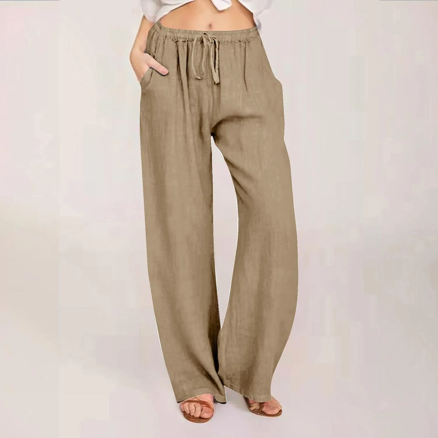 Linen Pants Women 2025 Summer Drawstring High Waist Wide Leg Trousers with Pockets Flowy Straight Vacation Outfits
