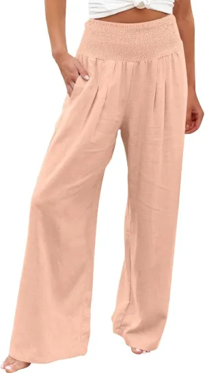 Linen Pants Women 2025 Summer Flowy Palazzo Pants Wide Leg Beach Pants High Waisted Lounge Vacation Trousers