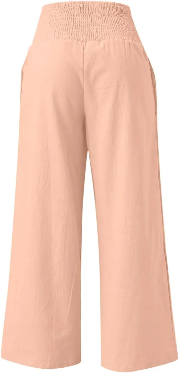 Linen Pants Women 2025 Summer Flowy Palazzo Pants Wide Leg Beach Pants High Waisted Lounge Vacation Trousers