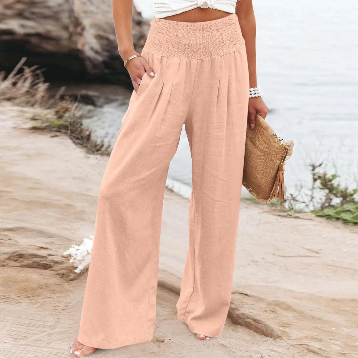 Linen Pants Women 2025 Summer Flowy Palazzo Pants Wide Leg Beach Pants High Waisted Lounge Vacation Trousers