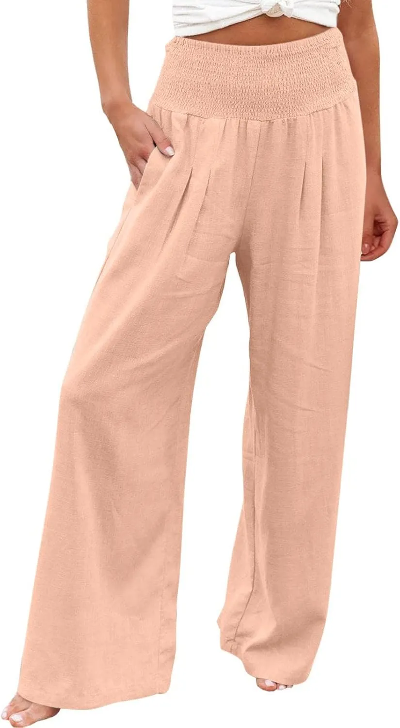 Linen Pants Women 2025 Summer Flowy Palazzo Pants Wide Leg Beach Pants High Waisted Lounge Vacation Trousers