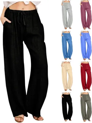 Linen Pants Women 2025 Summer High Waisted Cotton Palazzo Pants Drawstring Elastic Waist Trousers with Pockets
