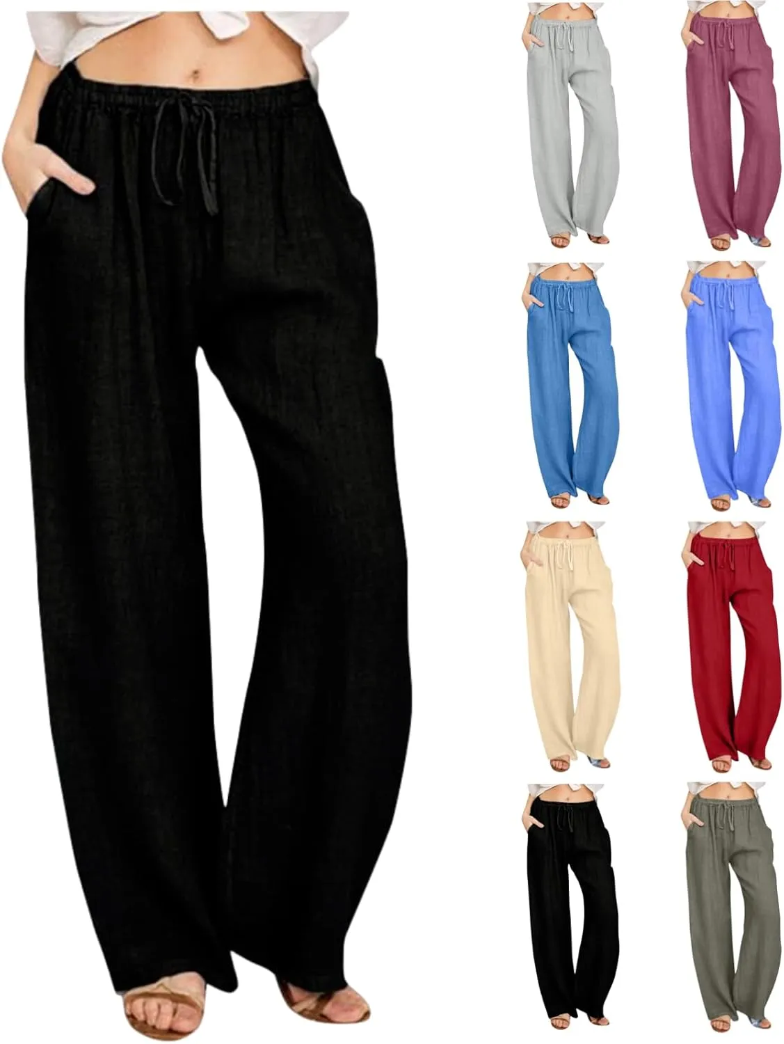 Linen Pants Women 2025 Summer High Waisted Cotton Palazzo Pants Drawstring Elastic Waist Trousers with Pockets