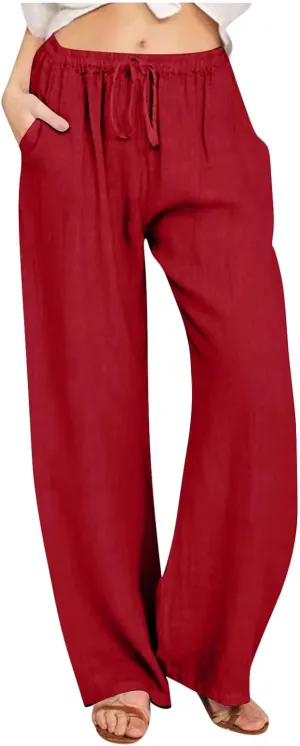 Linen Pants Women 2025 Summer High Waisted Cotton Palazzo Pants Drawstring Elastic Waist Trousers with Pockets