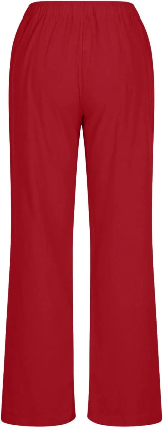 Linen Pants Women 2025 Summer High Waisted Cotton Palazzo Pants Drawstring Elastic Waist Trousers with Pockets