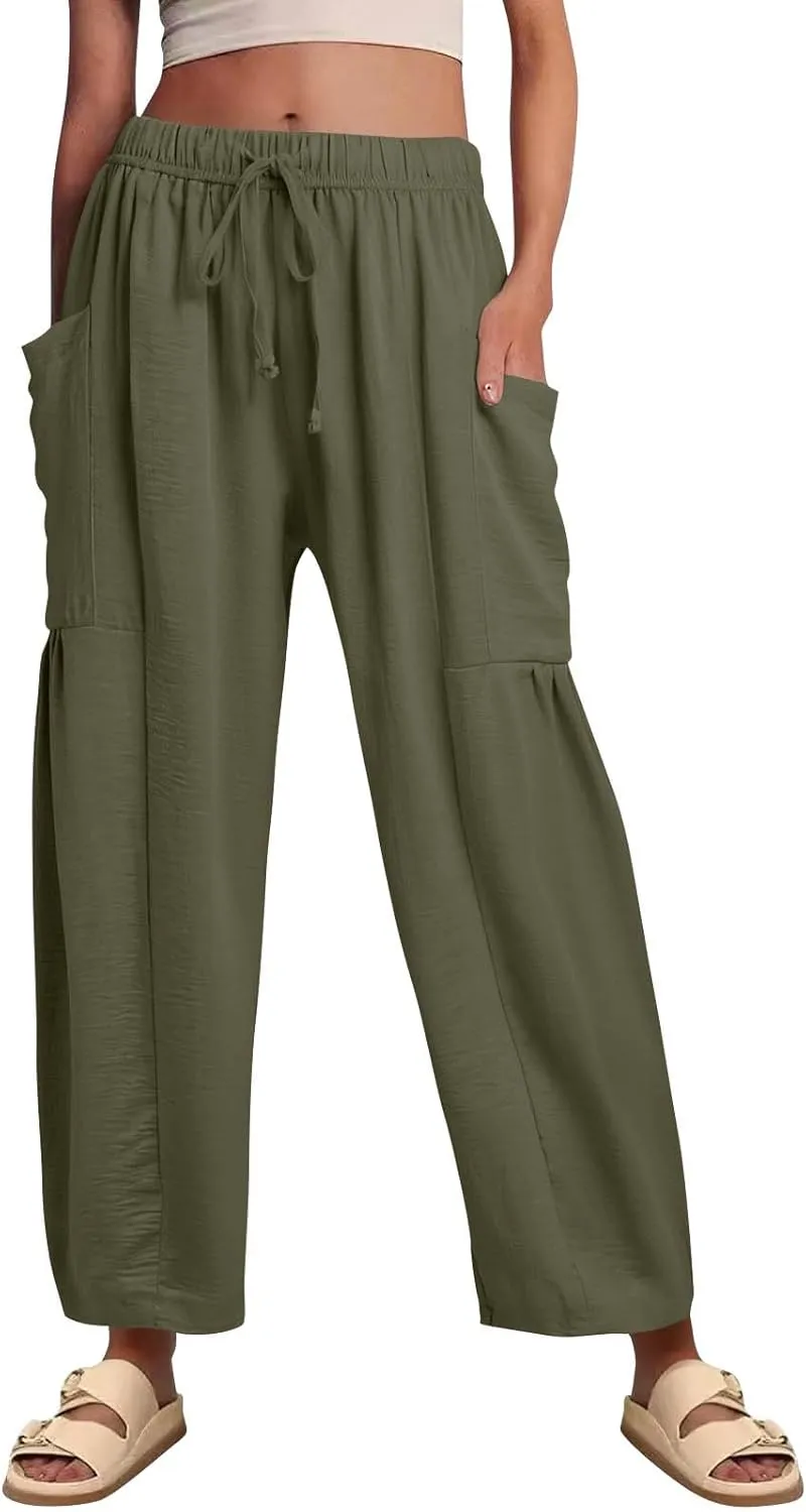 Linen Pants Women Casual Drawstring Cropped Barrel Palazzo Harem Pants Flowy Boho Beach Lounge Pants with Pockets