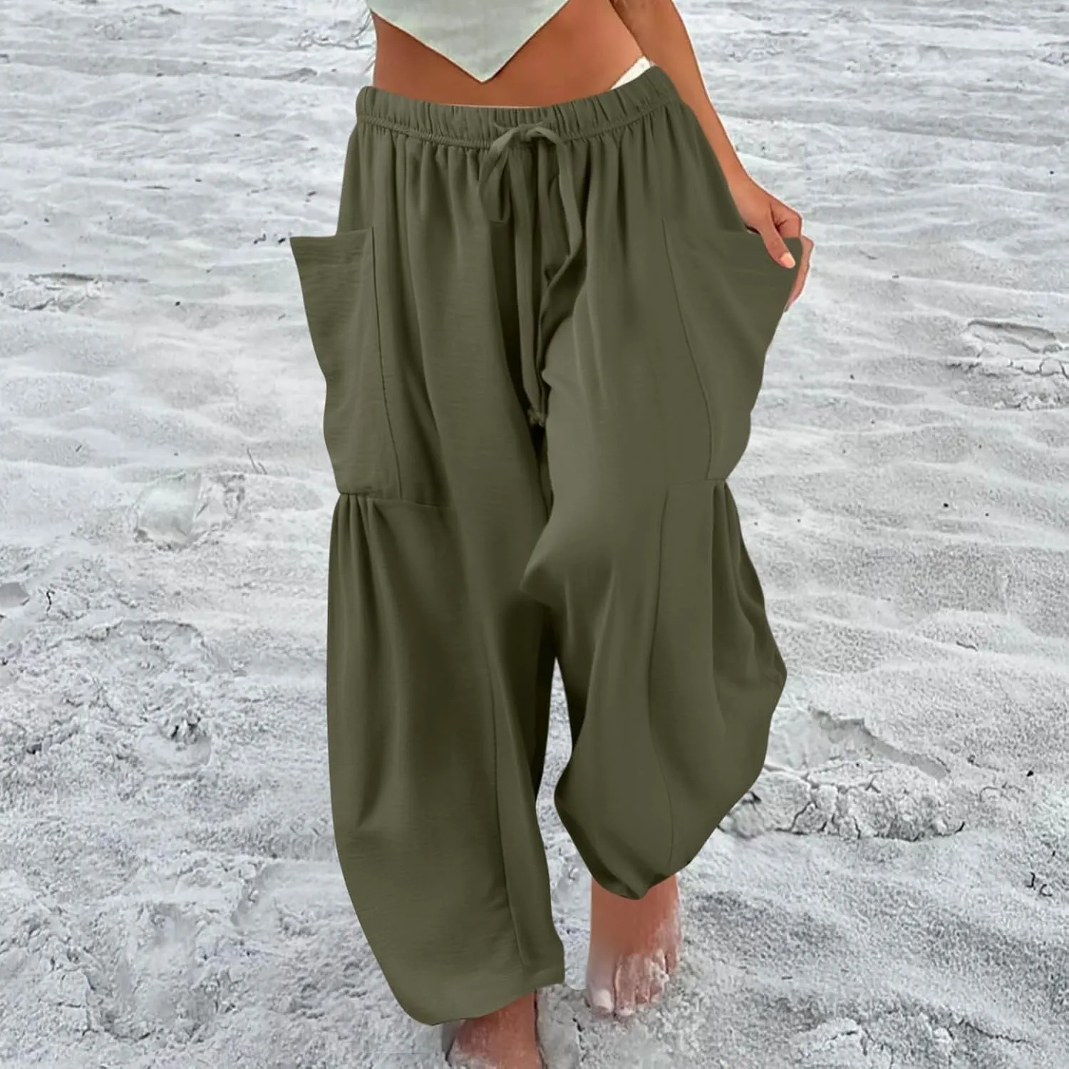 Linen Pants Women Casual Drawstring Cropped Barrel Palazzo Harem Pants Flowy Boho Beach Lounge Pants with Pockets