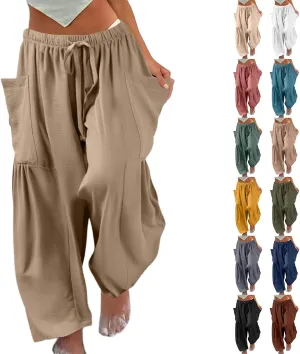 Linen Pants Women Casual Drawstring Cropped Barrel Palazzo Harem Pants Flowy Boho Beach Lounge Pants with Pockets