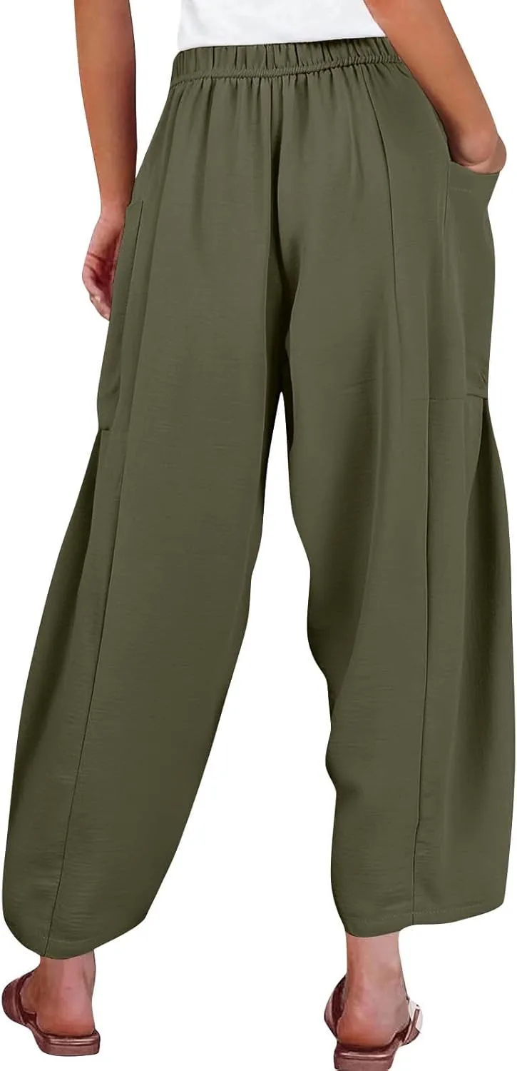 Linen Pants Women Casual Drawstring Cropped Barrel Palazzo Harem Pants Flowy Boho Beach Lounge Pants with Pockets
