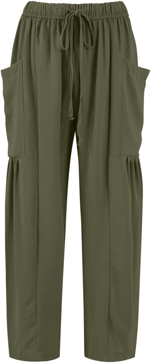 Linen Pants Women Casual Drawstring Cropped Barrel Palazzo Harem Pants Flowy Boho Beach Lounge Pants with Pockets