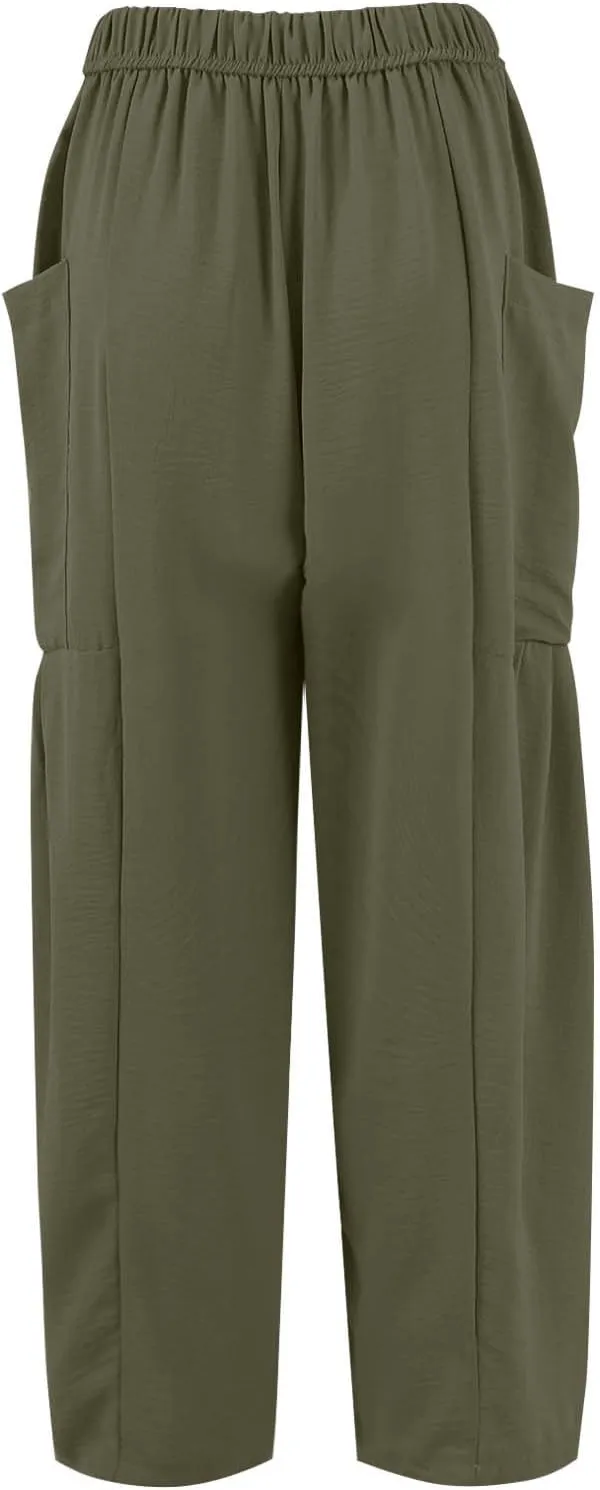 Linen Pants Women Casual Drawstring Cropped Barrel Palazzo Harem Pants Flowy Boho Beach Lounge Pants with Pockets