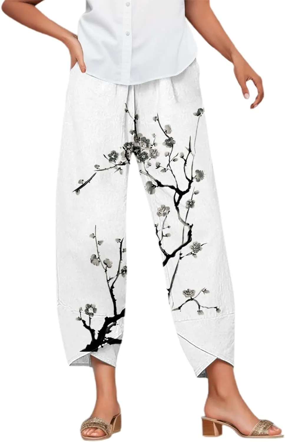 Linen Pants Women Casual Summer Loose Fit Beach Solid Color Plus Size High Waist Linen Pants Breathable Trousers with Pockets