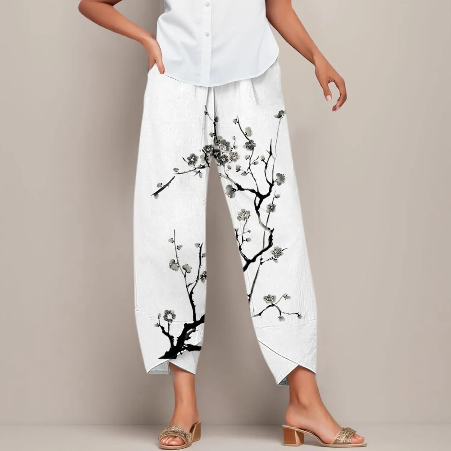 Linen Pants Women Casual Summer Loose Fit Beach Solid Color Plus Size High Waist Linen Pants Breathable Trousers with Pockets