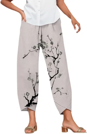 Linen Pants Women Casual Summer Loose Fit Beach Solid Color Plus Size High Waist Linen Pants Breathable Trousers with Pockets