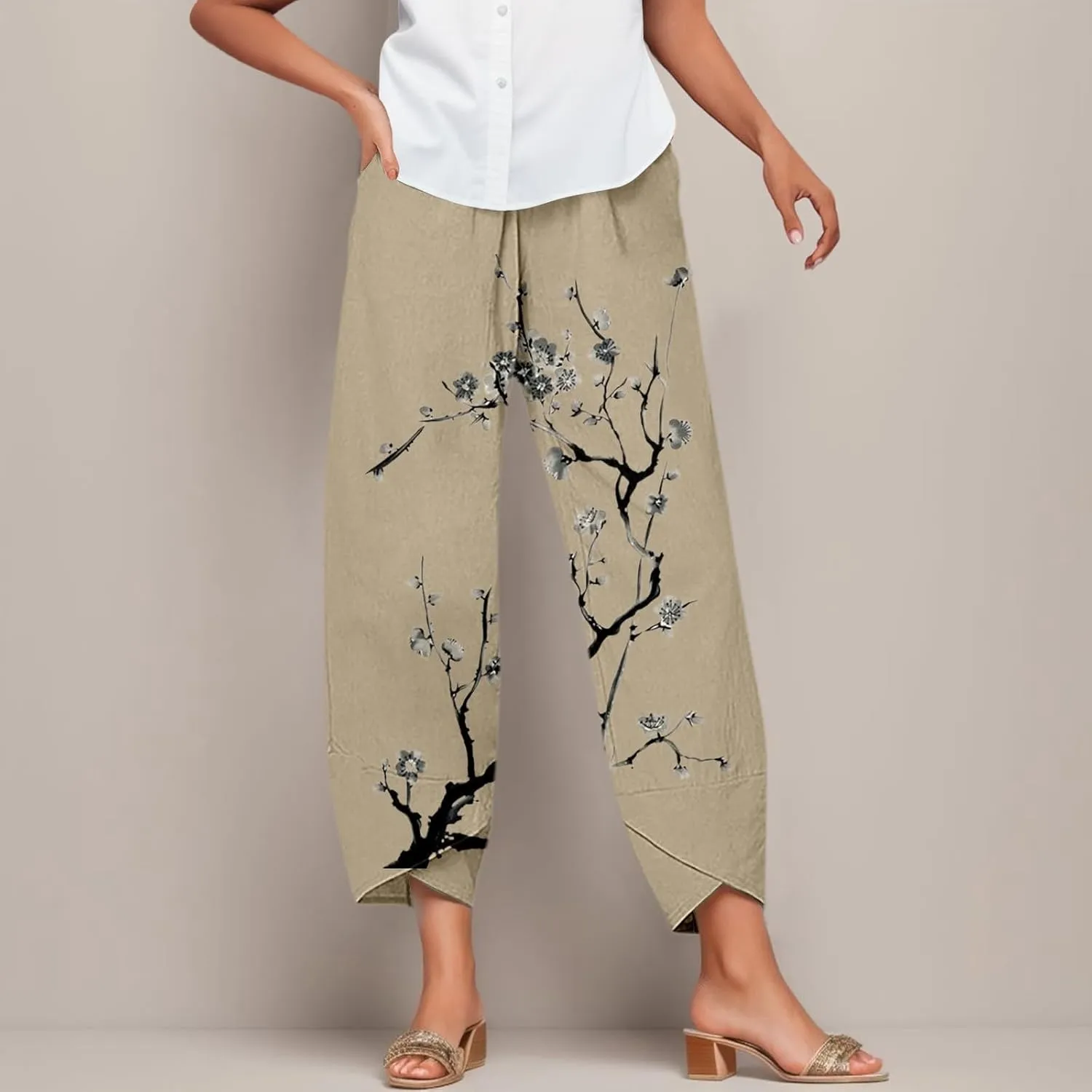 Linen Pants Women Casual Summer Loose Fit Beach Solid Color Plus Size High Waist Linen Pants Breathable Trousers with Pockets
