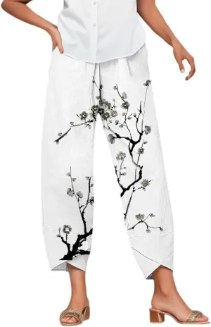 Linen Pants Women Casual Summer Loose Fit Beach Solid Color Plus Size High Waist Linen Pants Breathable Trousers with Pockets