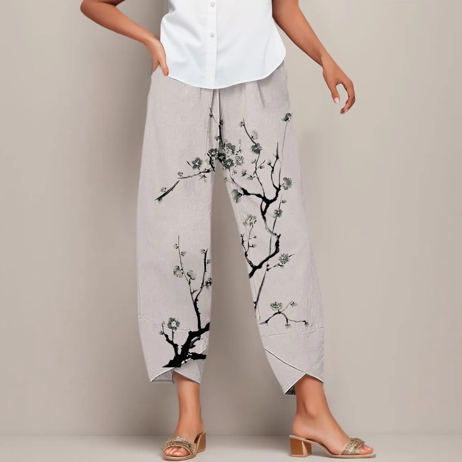 Linen Pants Women Casual Summer Loose Fit Beach Solid Color Plus Size High Waist Linen Pants Breathable Trousers with Pockets