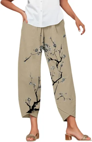 Linen Pants Women Casual Summer Loose Fit Beach Solid Color Plus Size High Waist Linen Pants Breathable Trousers with Pockets