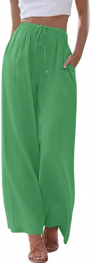 Linen Pants Women Casual Summer Wide Leg Pant 2024 Drawstring High Waist Palazzo Pant with Pockets, Small-X-Large