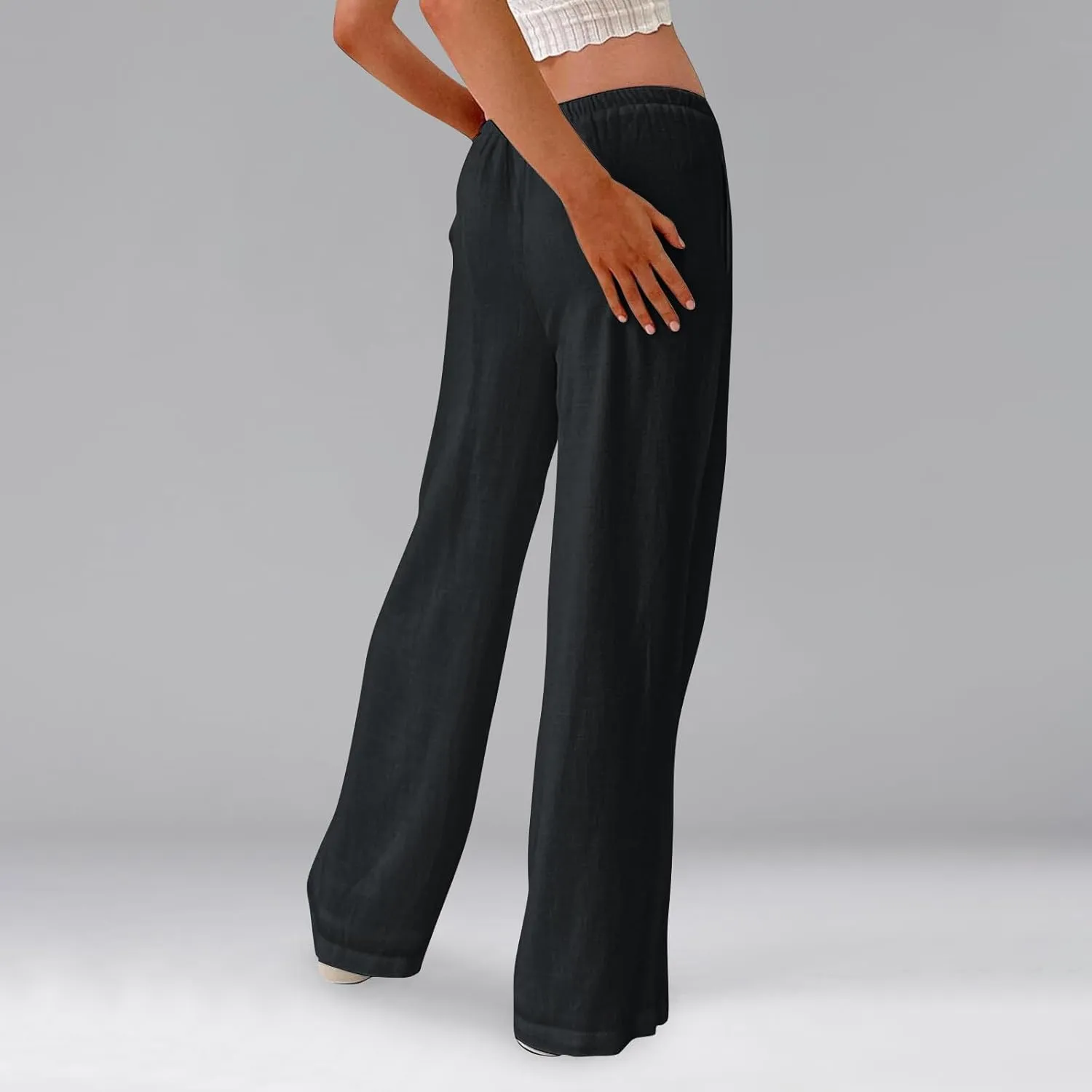 Linen Pants Women Drawstring Low Rise Wide Leg Pants Summer Flowy Vacation Beach Pant Casual Palazzo Pant