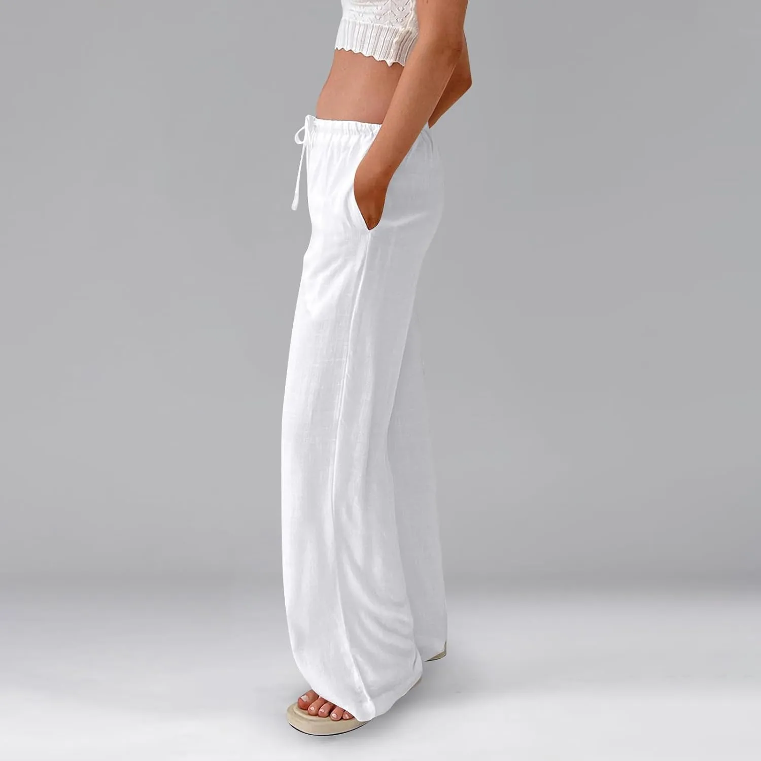 Linen Pants Women Drawstring Low Rise Wide Leg Pants Summer Flowy Vacation Beach Pant Casual Palazzo Pant