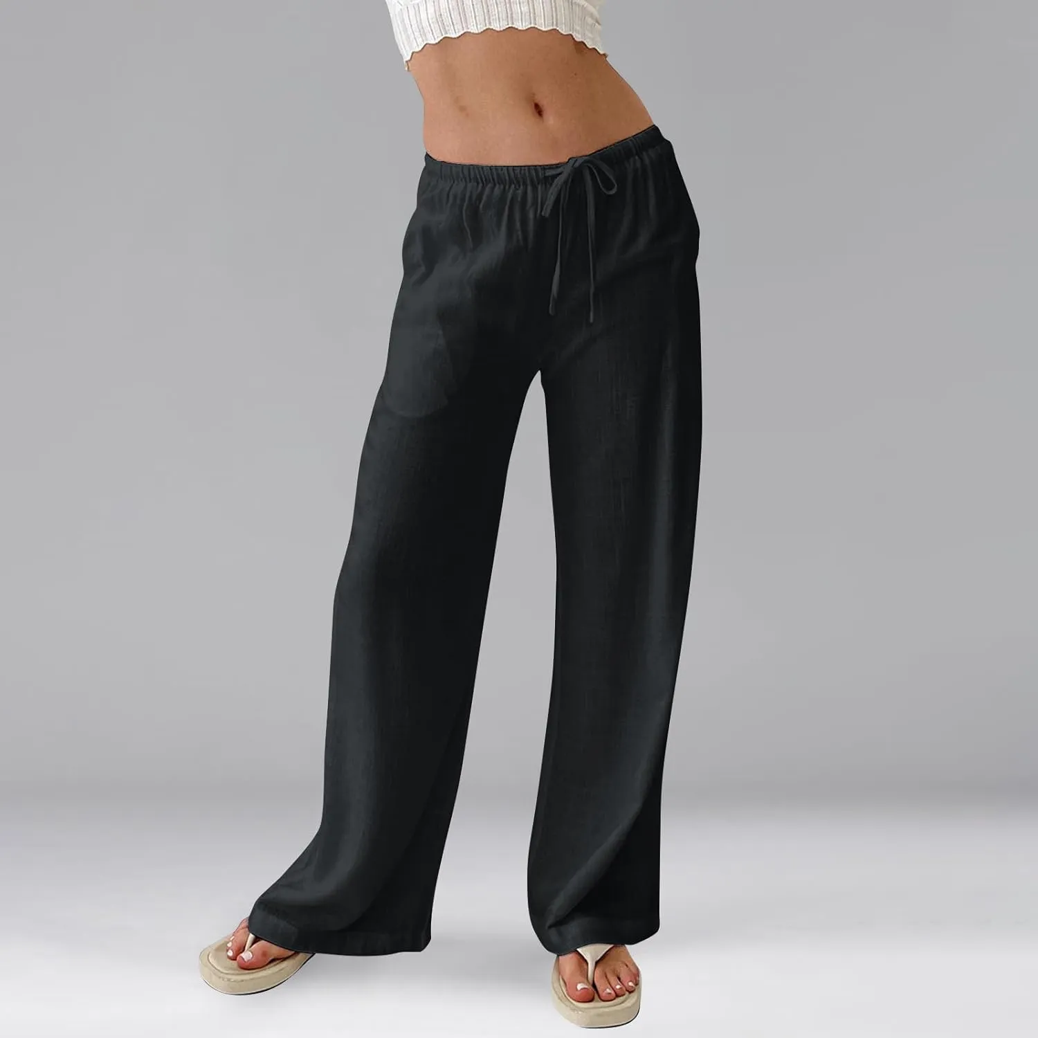 Linen Pants Women Drawstring Low Rise Wide Leg Pants Summer Flowy Vacation Beach Pant Casual Palazzo Pant