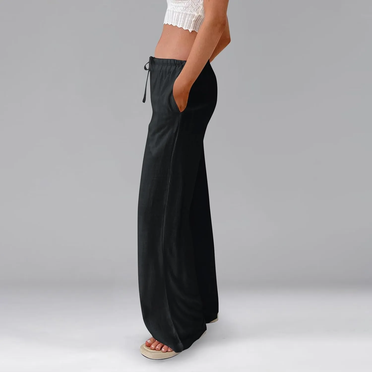 Linen Pants Women Drawstring Low Rise Wide Leg Pants Summer Flowy Vacation Beach Pant Casual Palazzo Pant