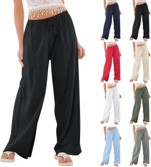 Linen Pants Women Drawstring Low Rise Wide Leg Pants Summer Flowy Vacation Beach Pant Casual Palazzo Pant