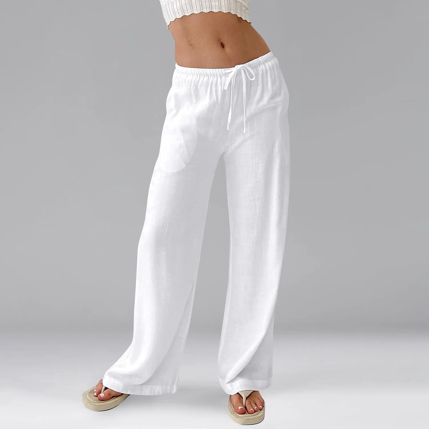 Linen Pants Women Drawstring Low Rise Wide Leg Pants Summer Flowy Vacation Beach Pant Casual Palazzo Pant