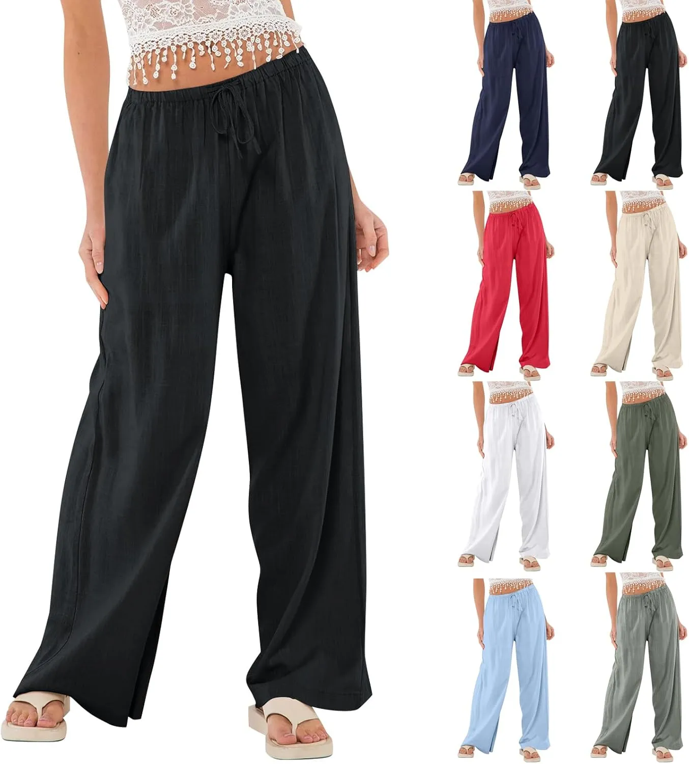 Linen Pants Women Drawstring Low Rise Wide Leg Pants Summer Flowy Vacation Beach Pant Casual Palazzo Pant