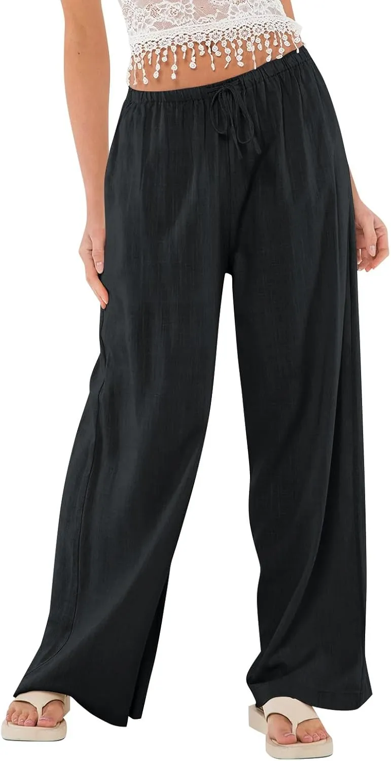 Linen Pants Women Drawstring Low Rise Wide Leg Pants Summer Flowy Vacation Beach Pant Casual Palazzo Pant