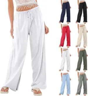 Linen Pants Women Drawstring Low Rise Wide Leg Pants Summer Flowy Vacation Beach Pant Casual Palazzo Pant