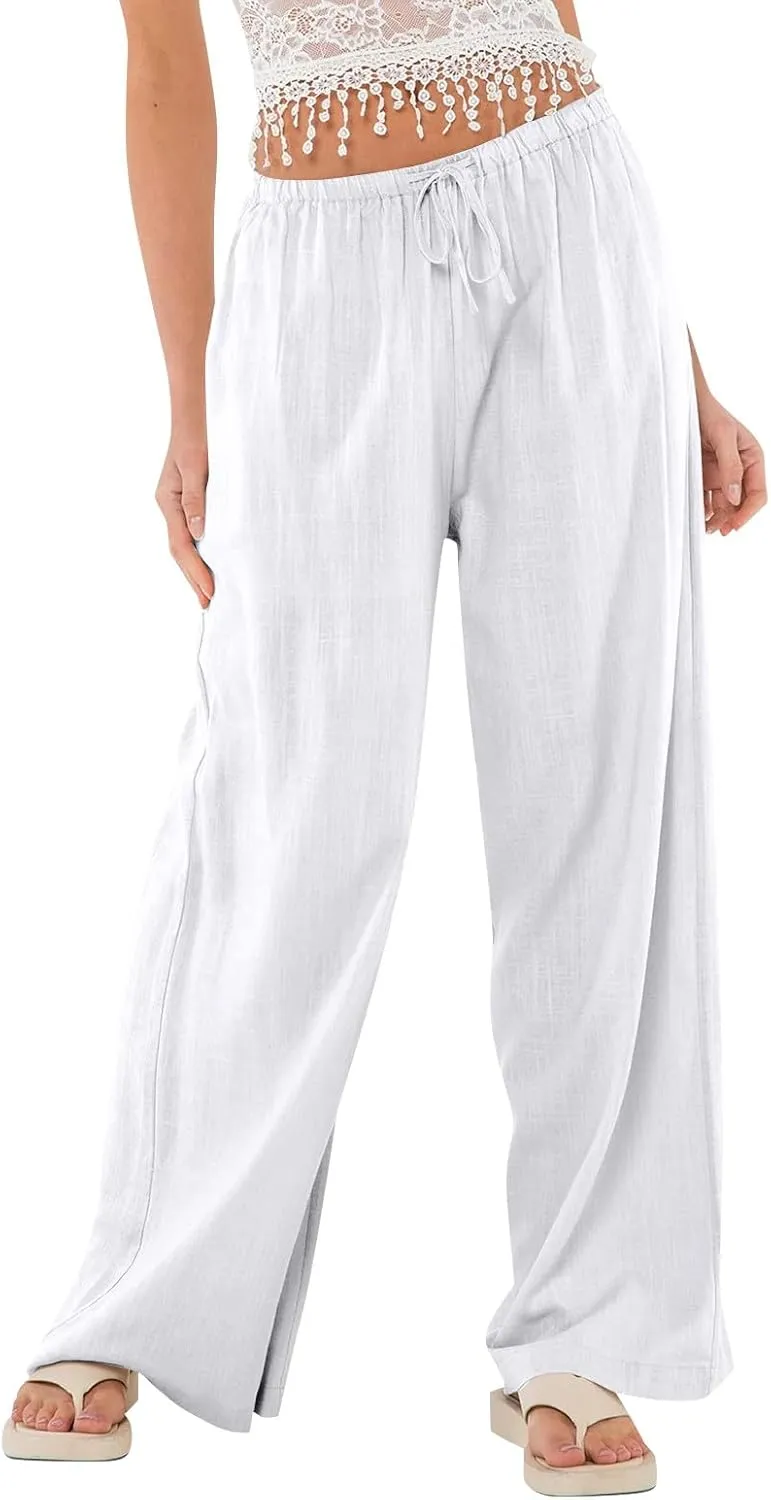 Linen Pants Women Drawstring Low Rise Wide Leg Pants Summer Flowy Vacation Beach Pant Casual Palazzo Pant