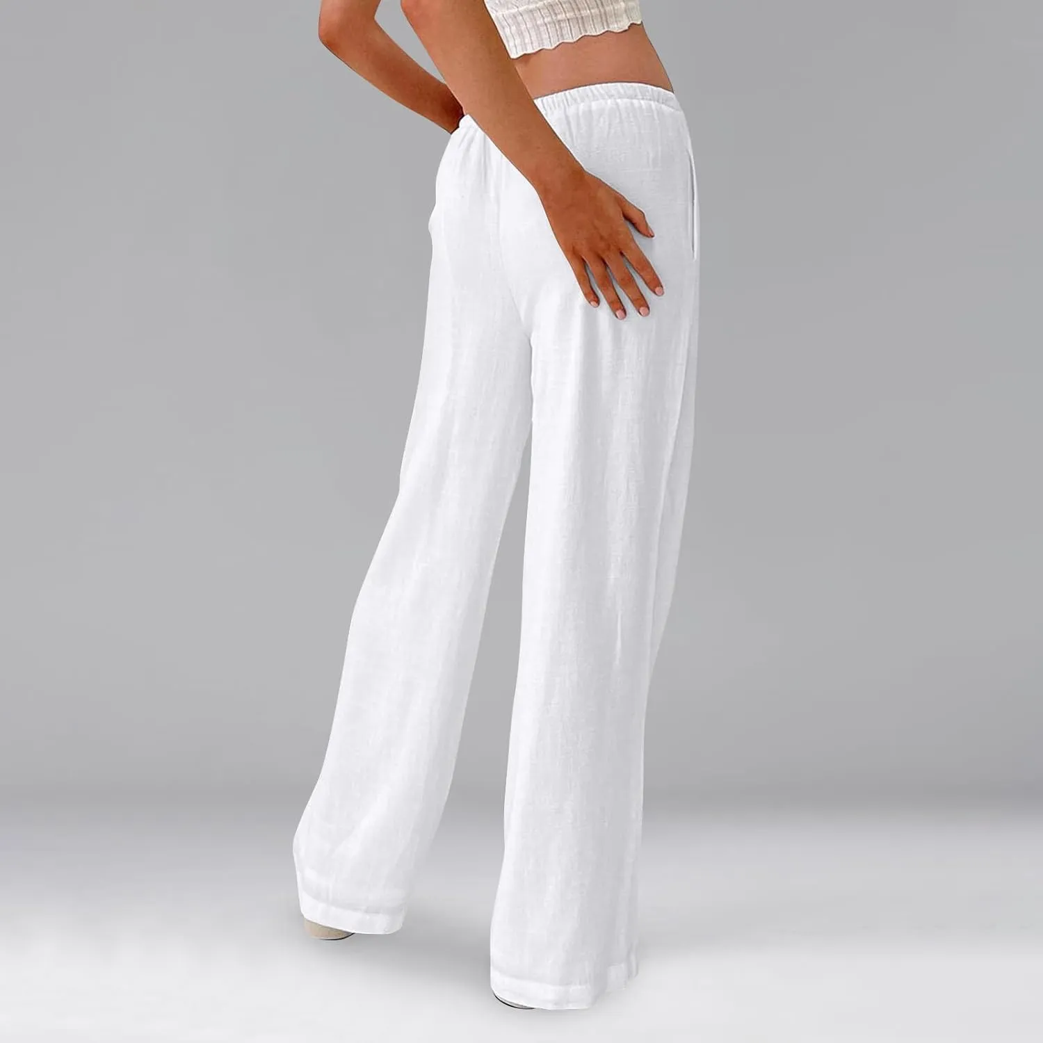 Linen Pants Women Drawstring Low Rise Wide Leg Pants Summer Flowy Vacation Beach Pant Casual Palazzo Pant