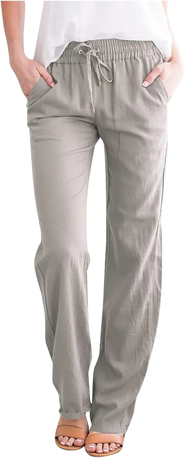 Linen Pants Women High Waist Straight Leg Casual Loose Summer Beach Lightweight Drawstring Cotton Linen Pant Trousers