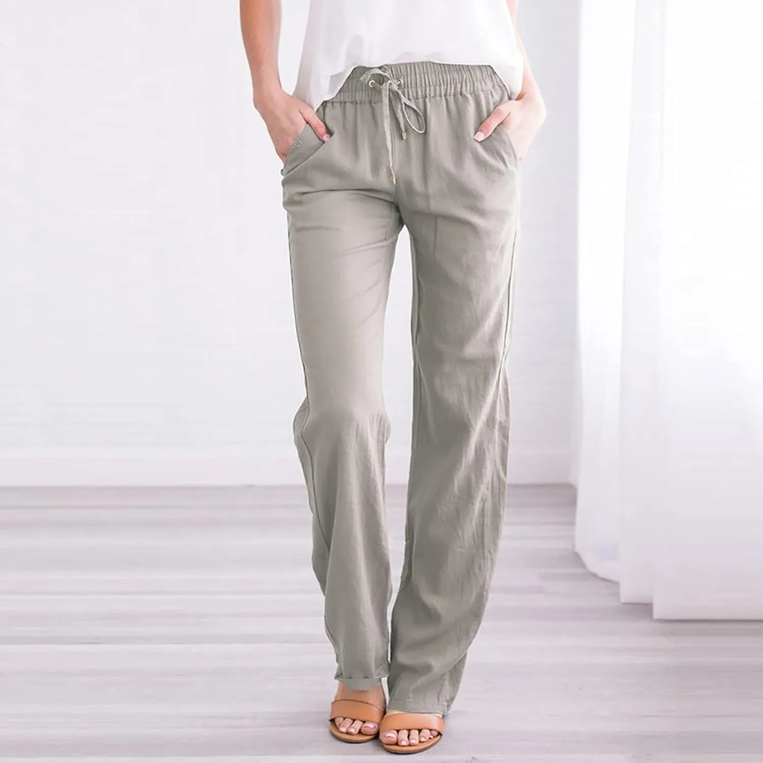 Linen Pants Women High Waist Straight Leg Casual Loose Summer Beach Lightweight Drawstring Cotton Linen Pant Trousers