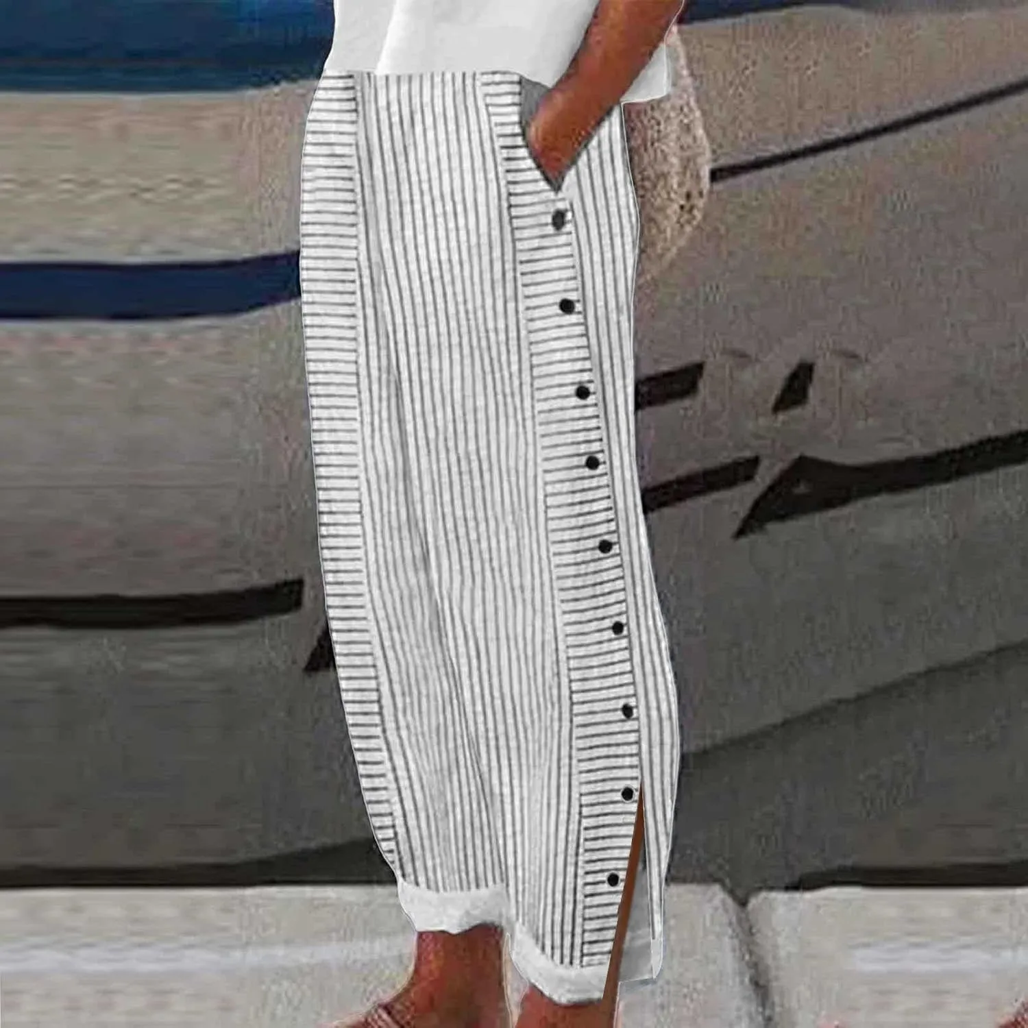 Linen Pants Women Ladies Casual Summer Loose Solid Color Boho Plus Size High Waist Linen Pants Cotton Comfy Lounge Trousers