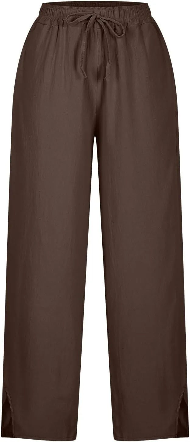 Linen Pants Women Lightweight 2025 Elastic Waist Split Hem Bootcut Pant Loose Fit Solid Color Trousers with Pockets