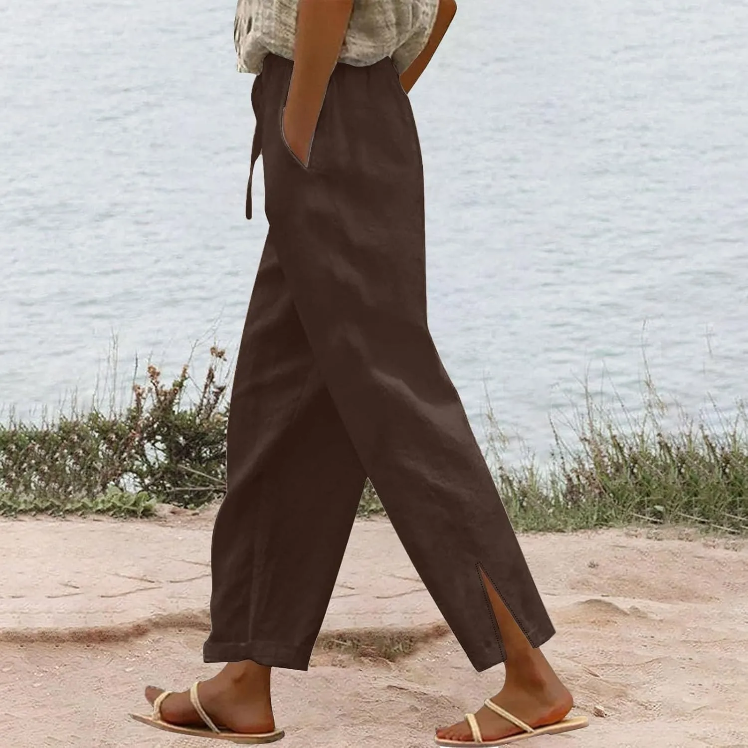 Linen Pants Women Lightweight 2025 Elastic Waist Split Hem Bootcut Pant Loose Fit Solid Color Trousers with Pockets