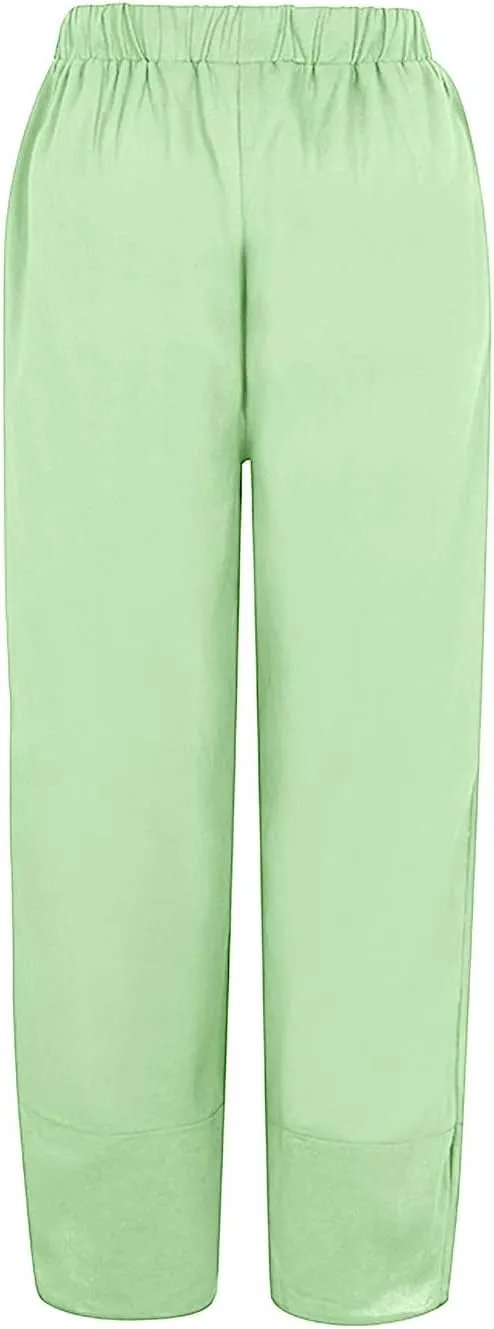 Linen Pants Women Loose Summer Casual Solid Color Straight Leg Beach High Waisted Linen Pants Straight Trousers with Pockets