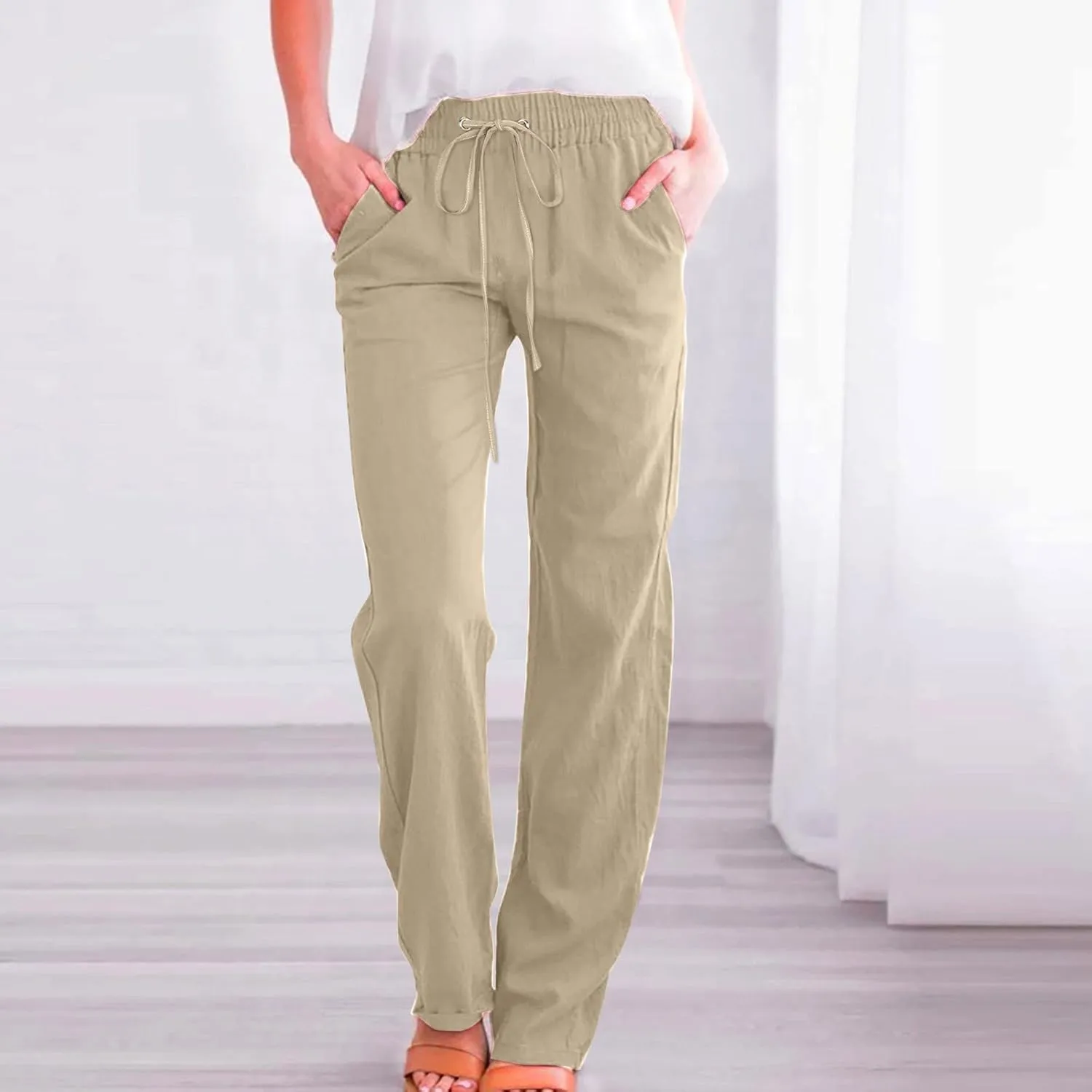 Linen Pants Women Straigth Leg Work Pants Summer Drawstring High Waisted Yoga Pants Loose Fit Comfy Cotton Casual Trousers